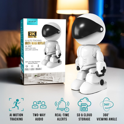 Remifa™︎ AI Auto Tracking Iron Man Robot HD 360° Wireless Mini Security Camera for Baby / Pet with Phone App Motion Detection(Color Night Vision, Siren Alarm, Two-Way Talk, Human Detection)