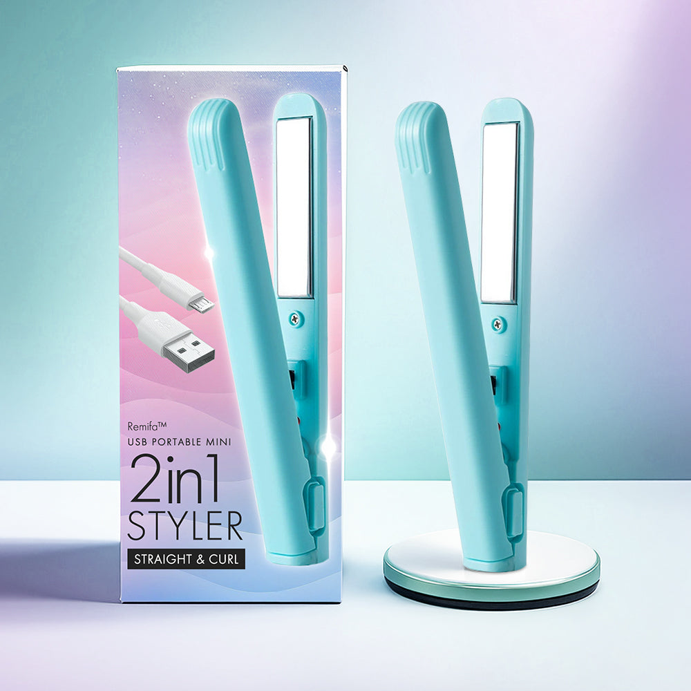 [2025 upgraded edition] Remifa™︎ USB Portable Mini Straight & Curl 2in1 Styler (For Hair Infused with Argan Oil & Keratin, Professional Ceramic Flat Iron for Less Frizz, Shinier & Smoother Hair, Hair Styling Tools)