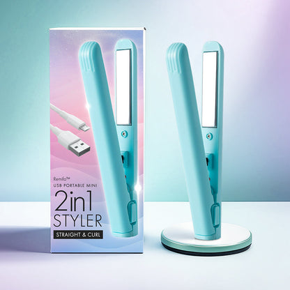 [2025 upgraded edition] Remifa™︎ USB Portable Mini Straight & Curl 2in1 Styler (For Hair Infused with Argan Oil & Keratin, Professional Ceramic Flat Iron for Less Frizz, Shinier & Smoother Hair, Hair Styling Tools)
